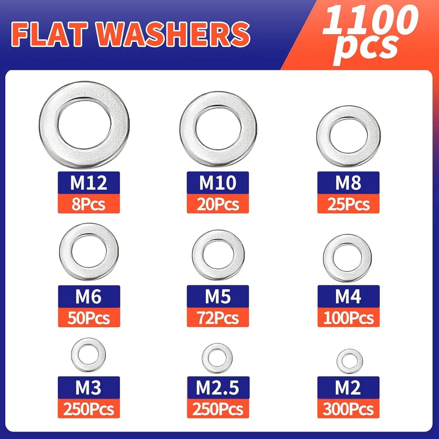 1100Pcs Set of 304 Stainless Steel Flat Washers - Nine Metric Sizes (M2-M12) for Hardware And DIY Projects