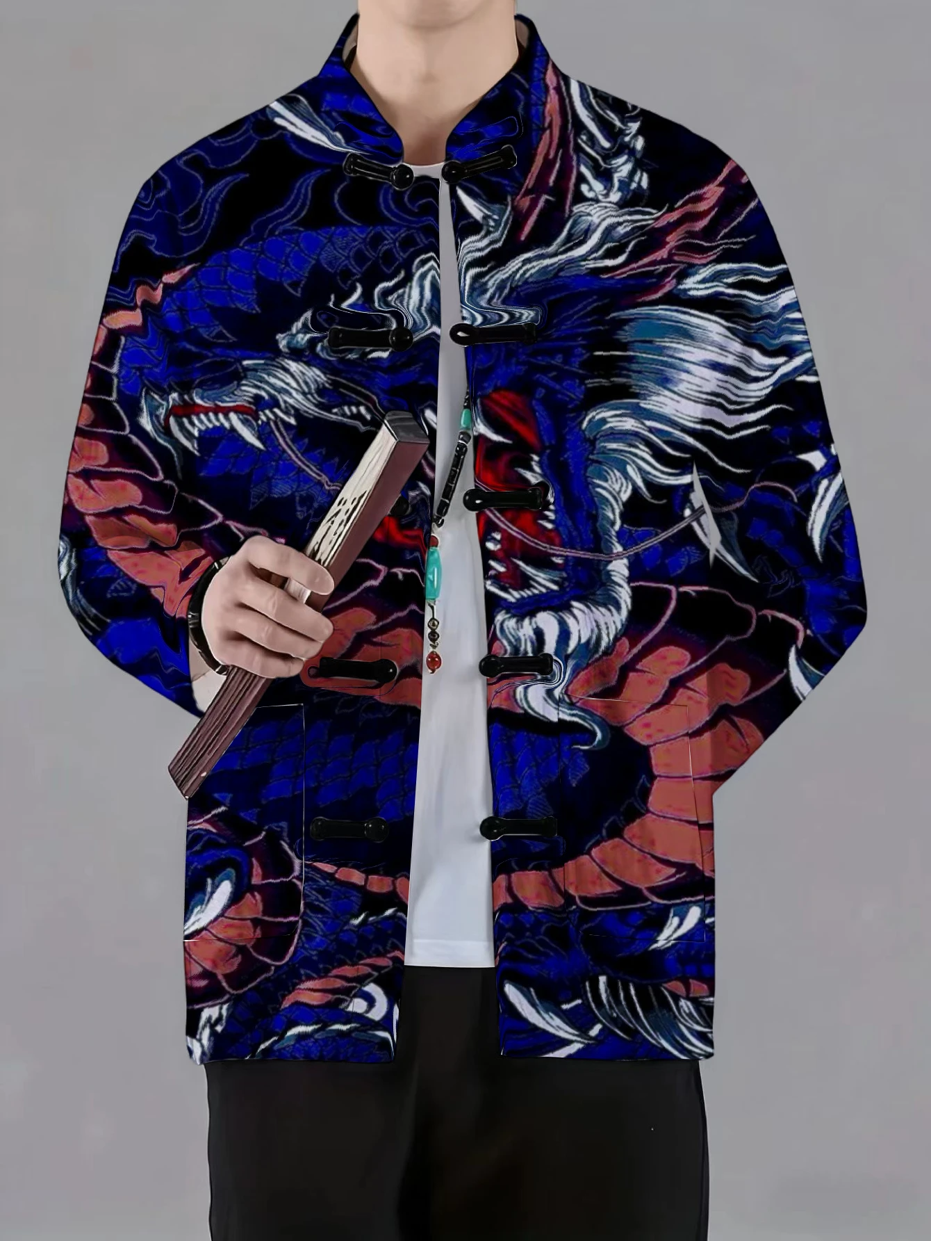 Men Retro Chinese Style Jacket Mandarin Collar Frog Button Blue Dragon Totem Print Long Sleeve Fashion Casual Outerwear For Male