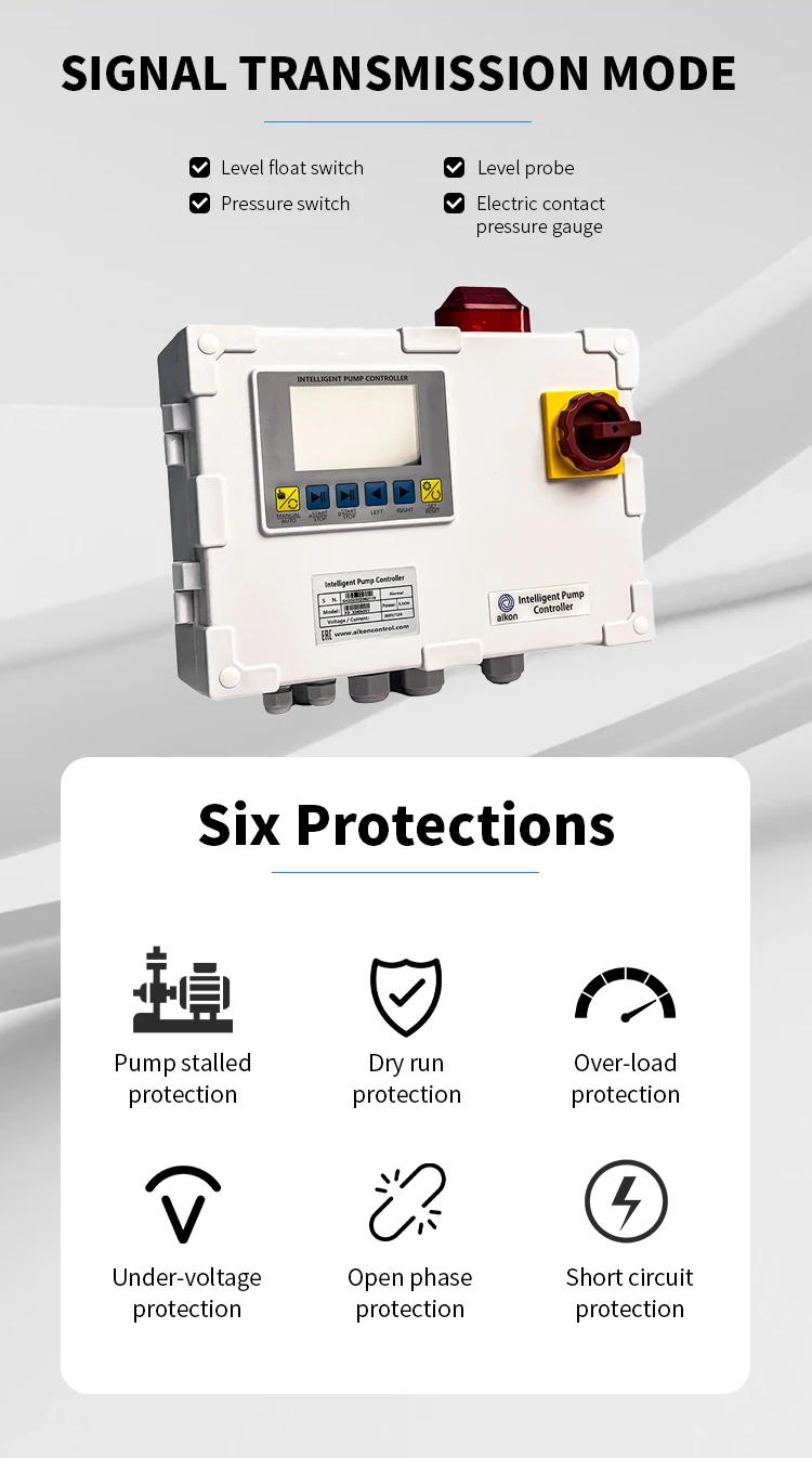 

Gold seller Aikon PDX LCD Display Drain Pump Control Board 22KW 15A protection Level IP54 Automatic Pump Controller for Pump Con