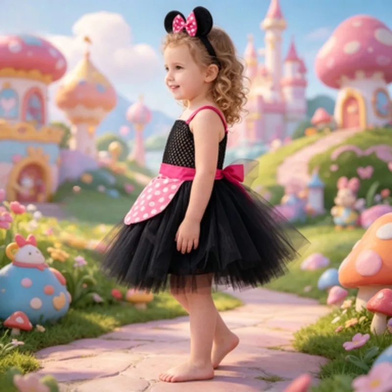 Fluffy Tulle Dress for Girls with Cartoon Prints, Sweet Princess-Style Kids' Outfit, Suitable for Occasions Such as Birthday