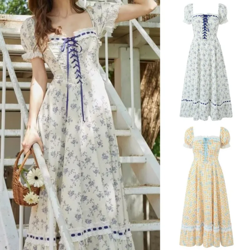 

Spring Field Blue Vine Flower Vintage Floral Country Sle Heavy Work Fibone Square Collar Lace Bubble Sve Long Dr