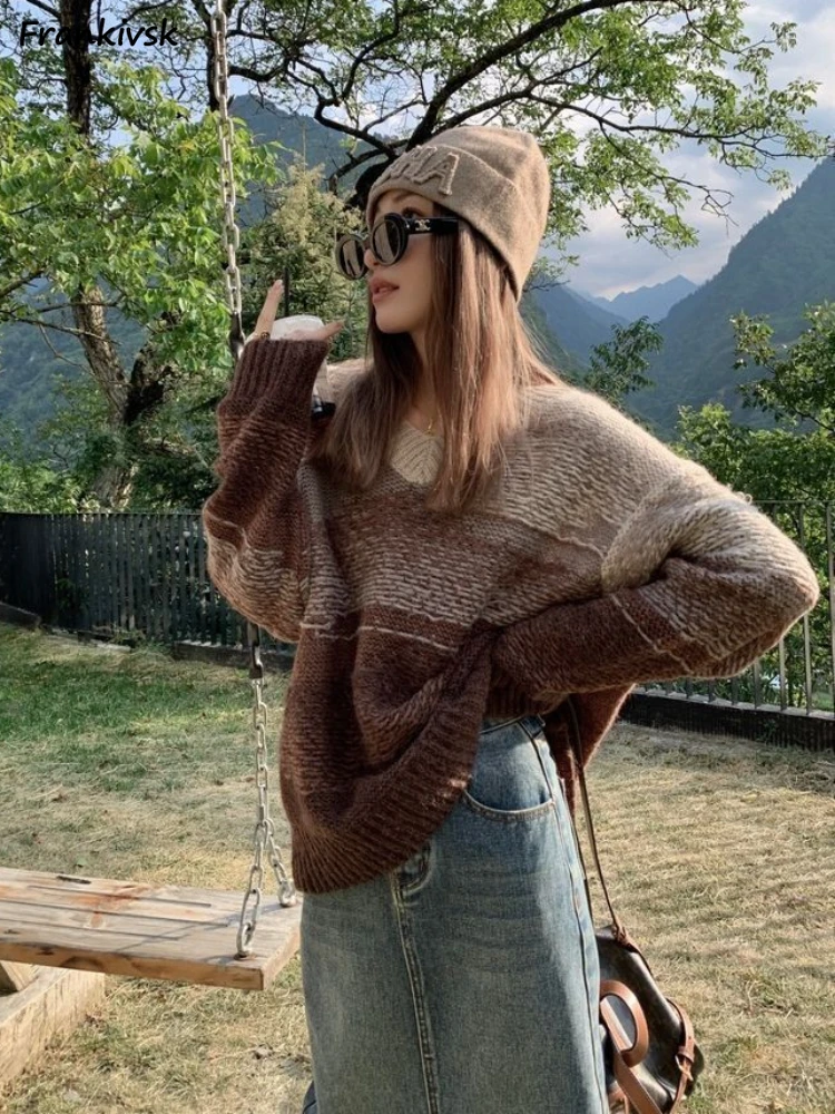 

Sweaters Women Autumn Gradient Color Slouchy Baggy American Style Vintage Long Sleeve High Street Hotsweet Harajuku Knitwear New