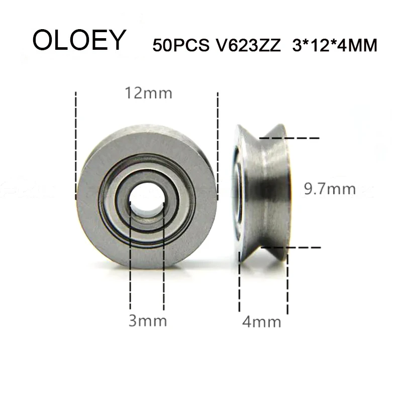 

50pcs/lot V623ZZ V Groove Roller Wheel Ball Bearings 3 * 12 * 4 mm Embroidery Machine Pulley Bearing V623 623V (Carbon steel)