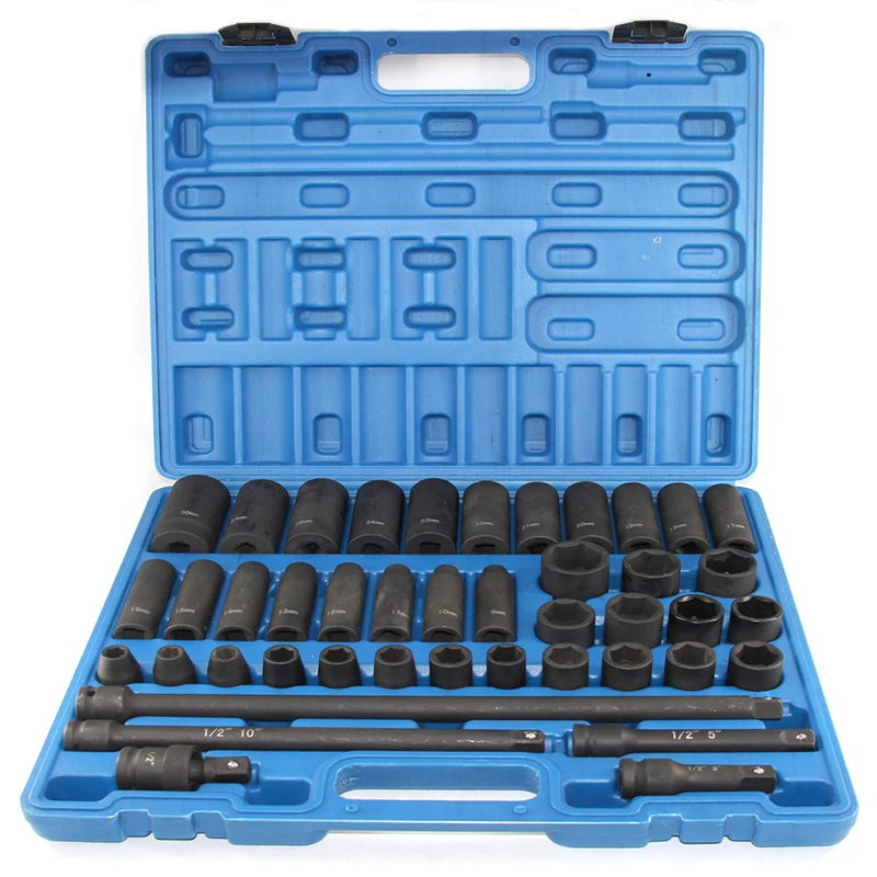 43PCS Impact Socket Set 1/2 Inch ASE Standard 19PCS Deep 6-Point Extension Bar With Carrying Case for Remove Wheel Lug Nut