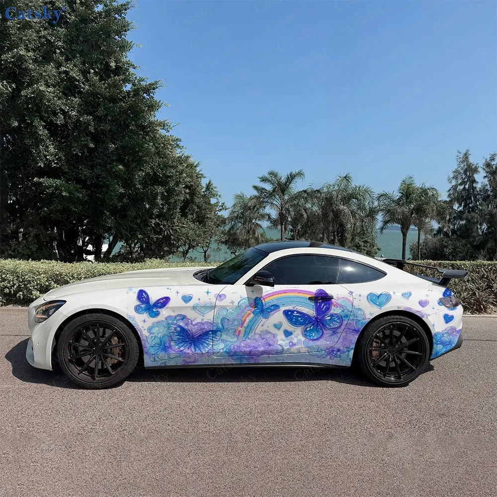 2pcs Iridescent Butterfly Heart Cloud Car Side Wraps, Self-Adhesive PVC Waterproof & Scratch-Resistant Stickers, Car Accessory