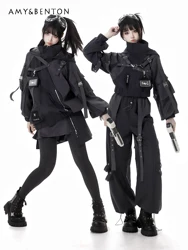 Gothic Splicing Mechanical Style Sets Sweet Cool Hooded Oversized Zipper Jacket Elastic Waist Casual Trousers Subculture Outfits