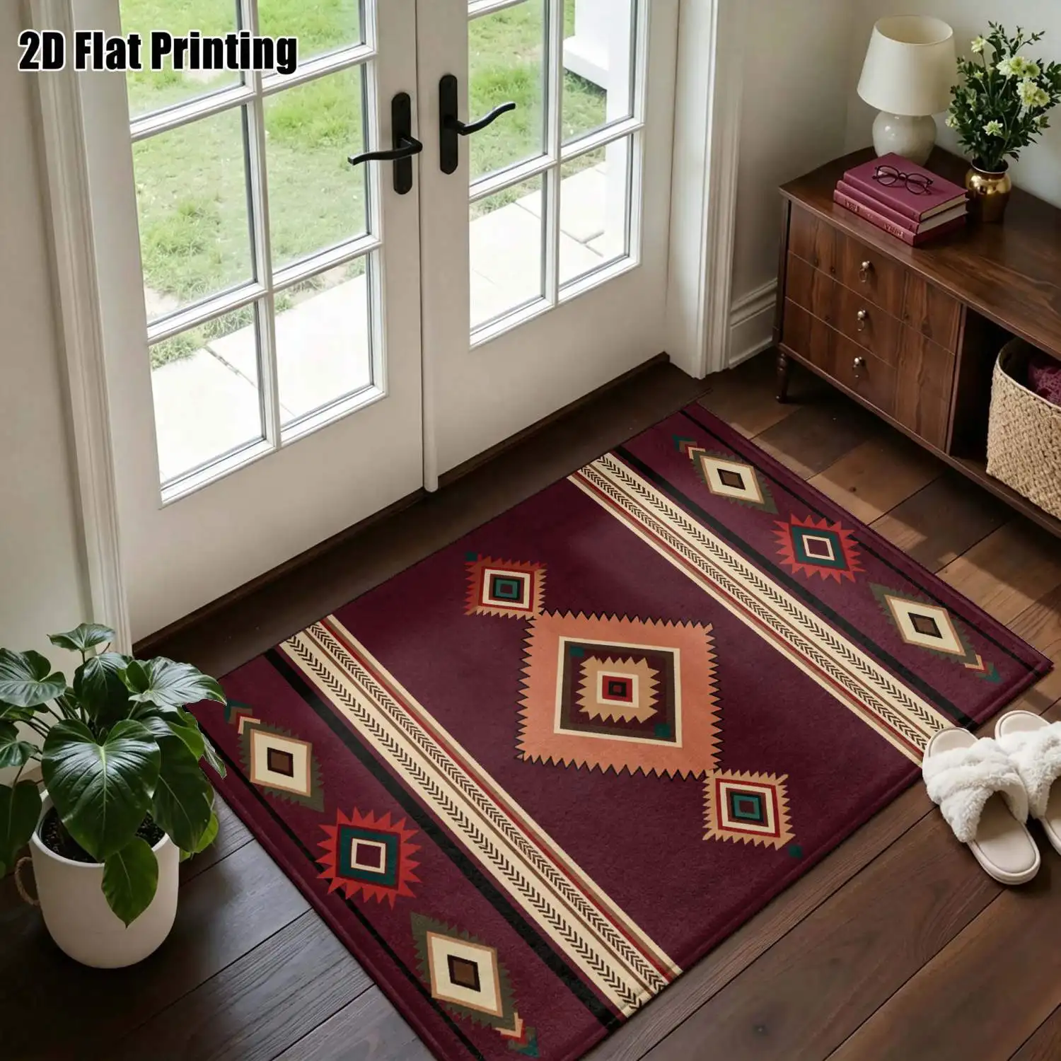 1Pc 2D Printed Burgundy Geometric Diamond Pattern Carpet: Nordic, Modern Minimalist, Vintage, Bohemian Style, Geometric Striped, Machine Washable, Multi-Size, Ideal for Home Decoration, Entrance/Dining/Foyer/Bedroom/Living Room