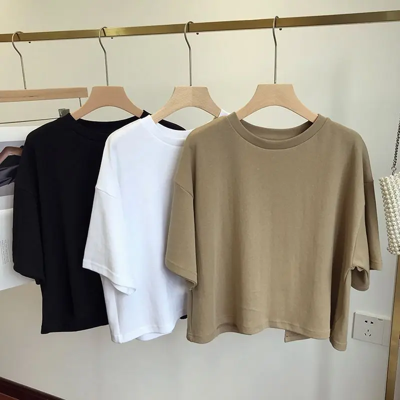 夏中空 Tシャツ女性のためのラウンドネック半袖 5XL バックレストップ韓国カジュアルファッション無地シックな Tシャツ