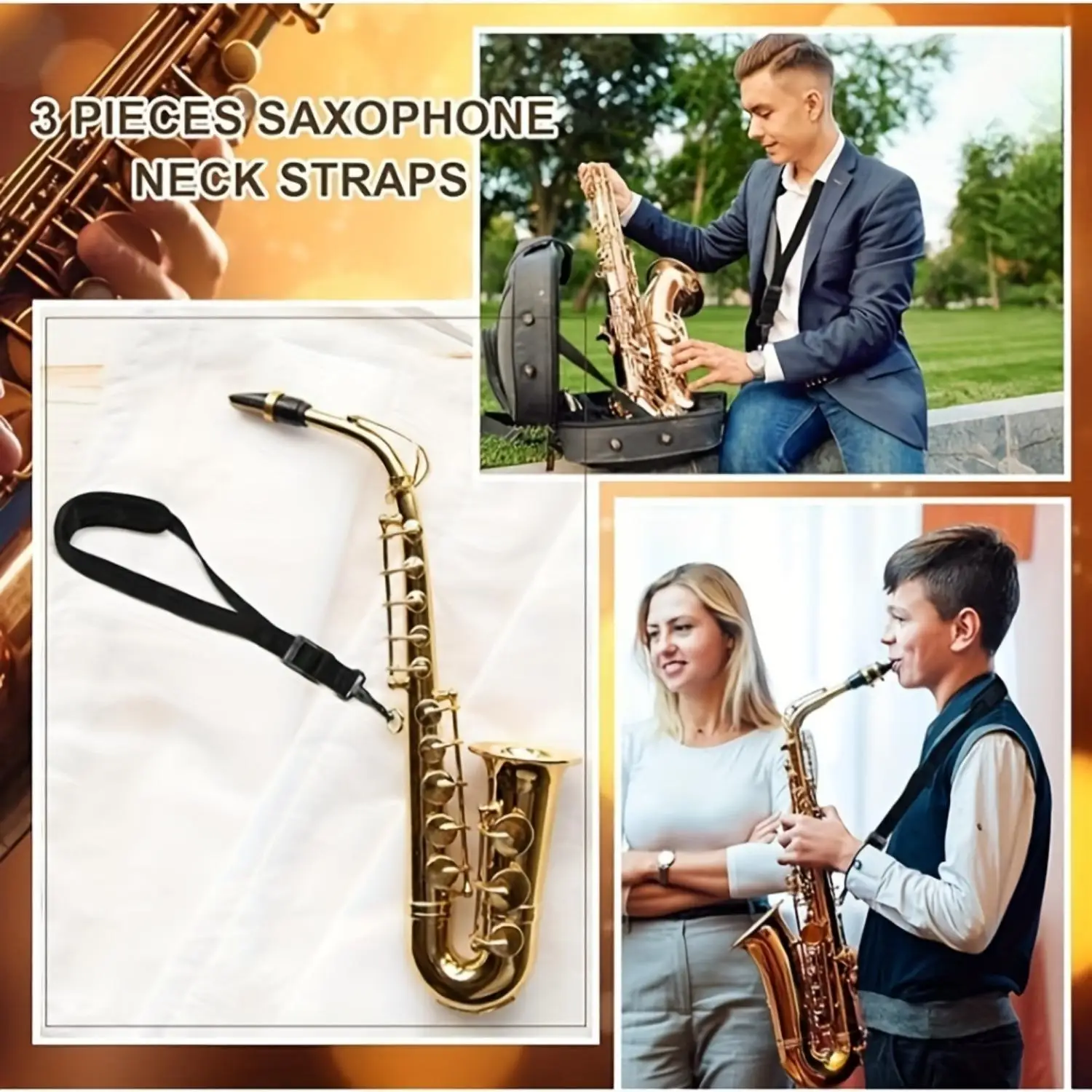 Saxophon-Umhängeband, weicher Saxophongurt, gepolstert, für Altsaxophon, Tenor, Klarinette, Bariton, Höhenhorn, Instrument (schwarz)