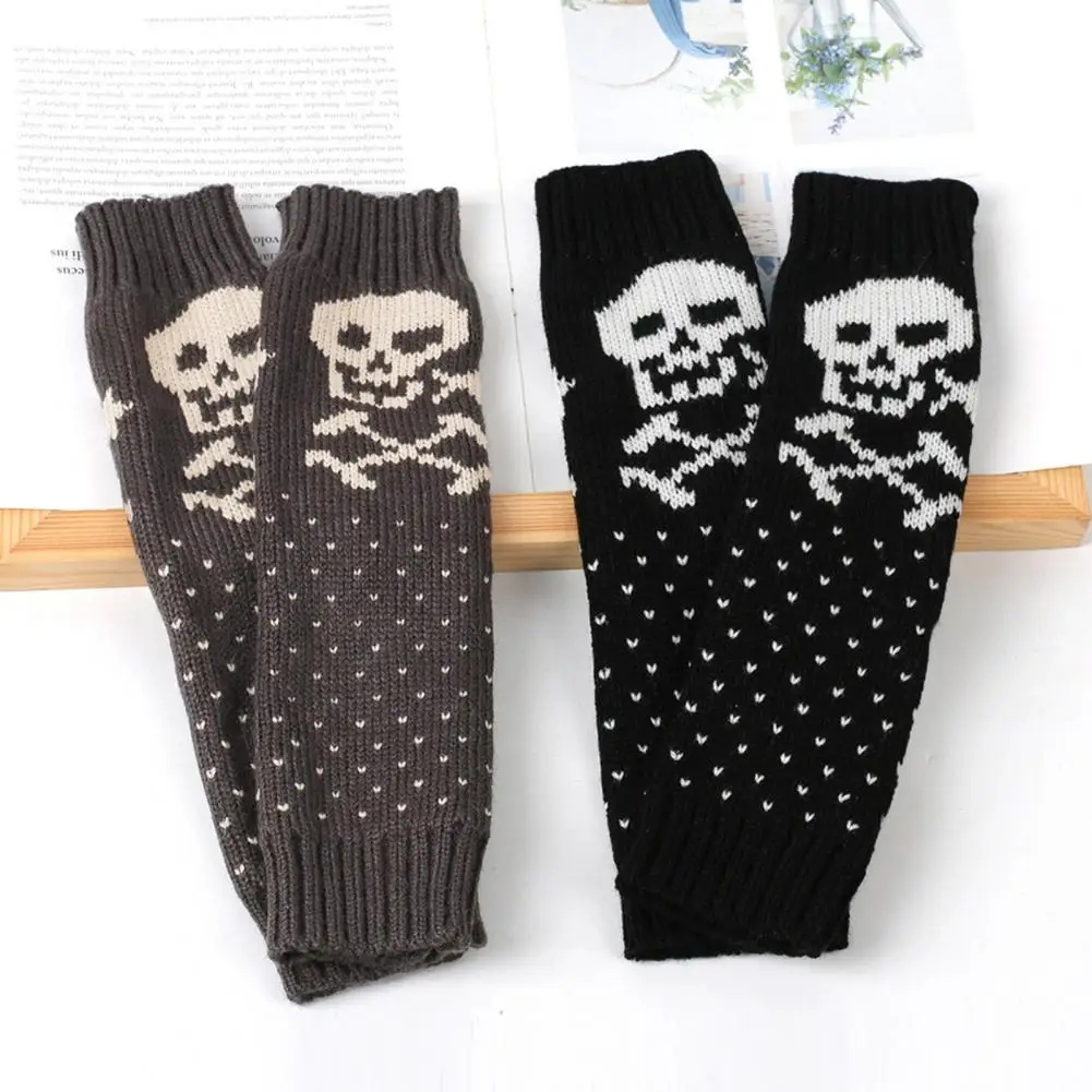 Winter Thick Gloves Skull Print Fingerless Gloves Arm Sleeves Set for Fall Winter High Elasticity Non-slip Windproof for Cycling