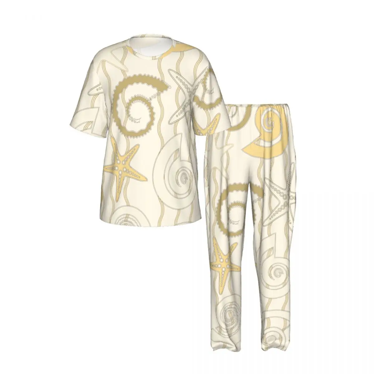 Men's Pajamas Set Summer Short-Sleeve Tops + Long Pants Nightwear Home Wear Suits Yellow Shells And Stars Sleepwear