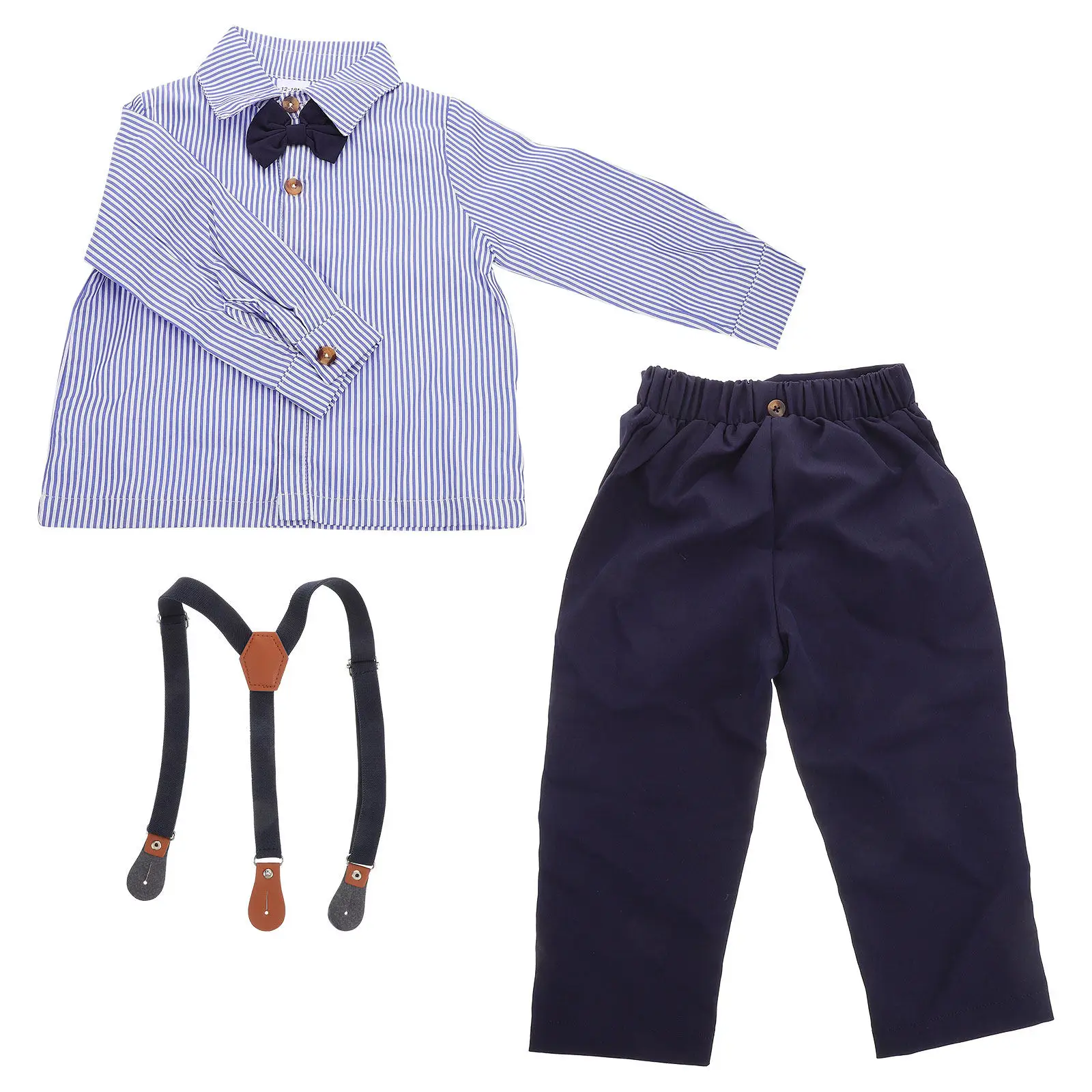 1Set Stylish British Style Toddler Boy Formal Outfit Long Sleeve Dress Shirt with Adorable Bow Tie and Solid Overalls for Spring