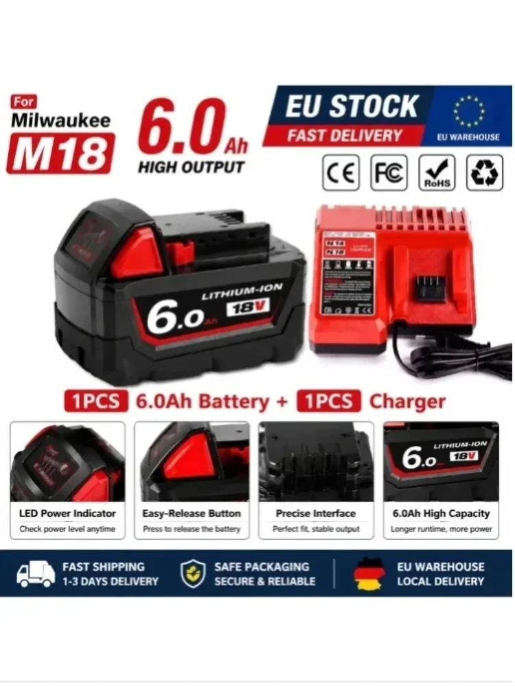 18V Lithium-Ionen-Akku für Milwaukee M18, kompatibel mit gängigen kabellosen Werkzeugen 48-11-1860 / 48-11-1850 / 48-11-1840 – EU-Lieferung