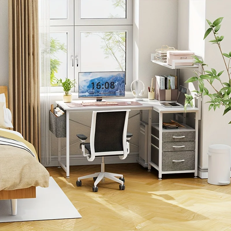 1set L-Shaped Computer Desk, Modern Simple Style, Reversible With Storage Shelves, 3 Fabric Drawers, Side Pouch
