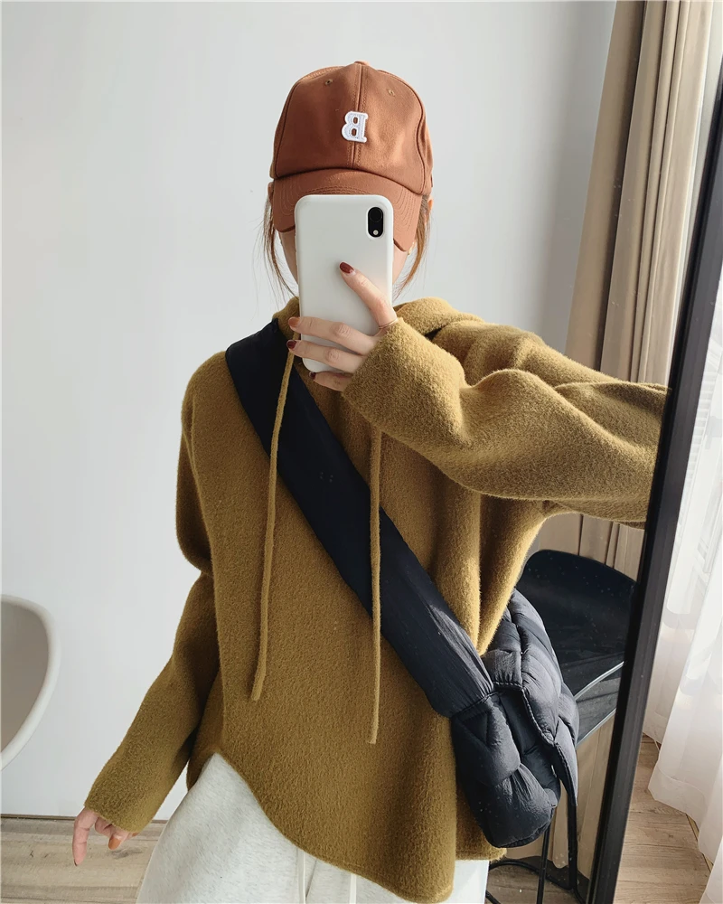 

Loose Women's Hooded Knitwear Thiened Korean Velvet Anti-Ball Easy-to-wear Simple Sle Student Faion Winter Top