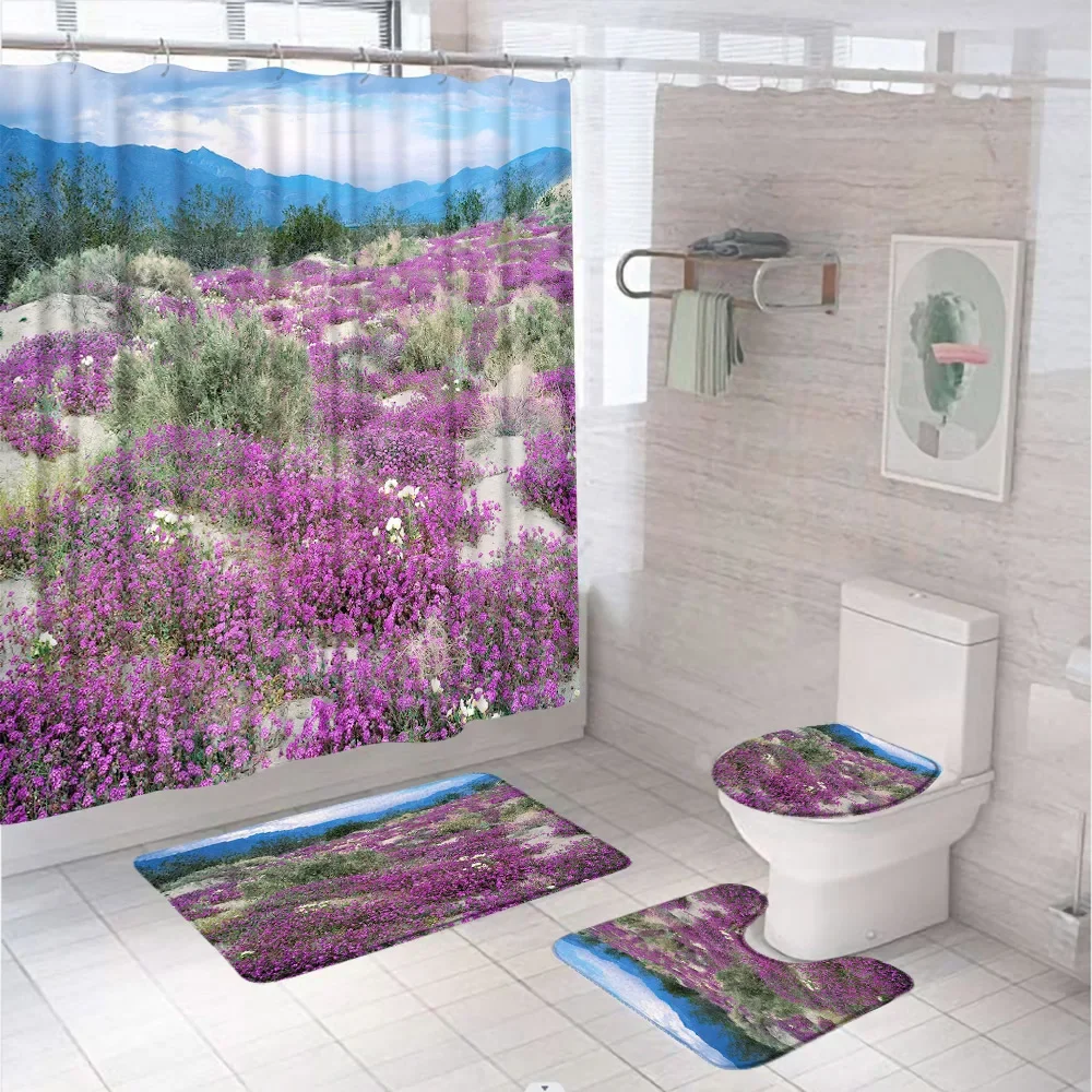 Japanese Fujiyama Scenic Shower Curtain Set For Bathroom Decor Nature Cherry Blossom Window Screen Rug Bath Mat Lid Toilet Cover