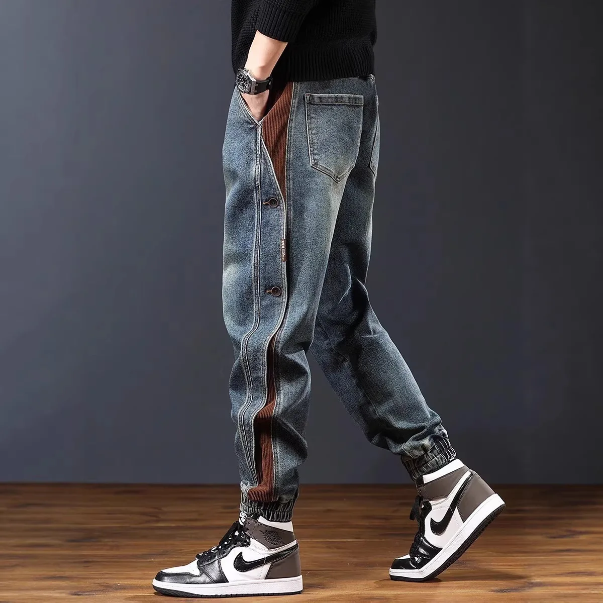 Spring And Autumn New Retro Jeans Men's Trendy American Splicing Harlan Loose Versatile Casual Trend Leggings