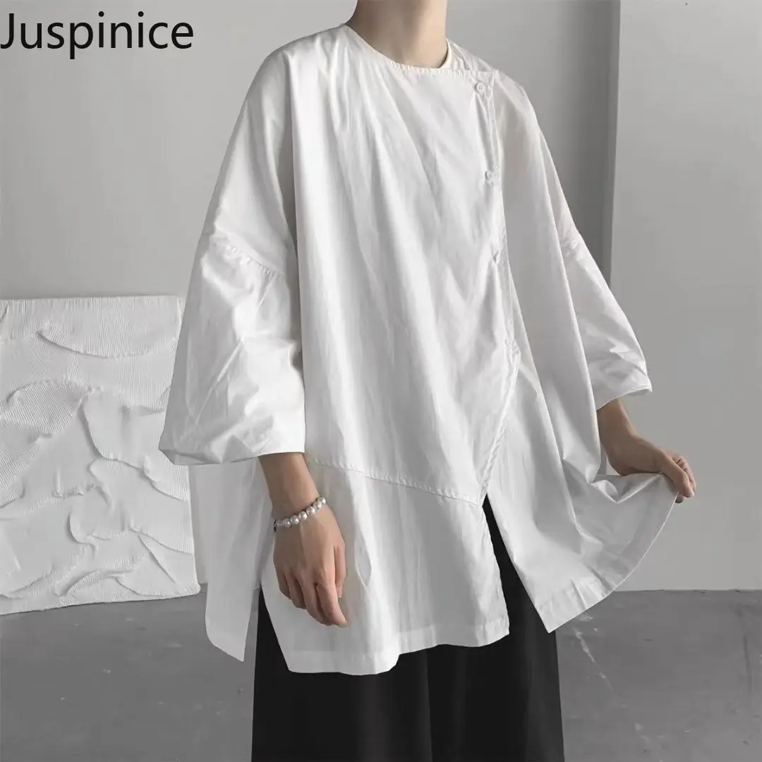 

Fashion Dark Black Style Collarless Three-quarter Sleeve Shirt Men's Irregular Loose Casual Large Size Simple Shirts Men Tops