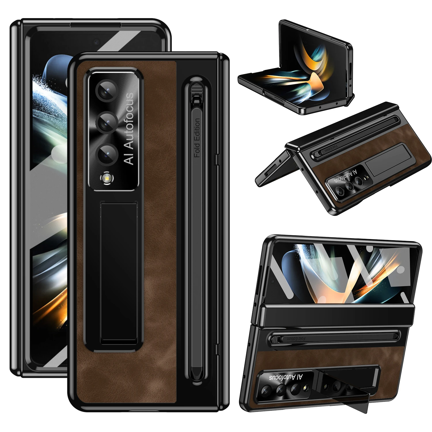 

Leather Bracket Pen Slot With Stylus Case For Samsung Galaxy Z Fold 5 4 5G Glass Screen Hinge Protection Cover For Z Fold5 Fold4