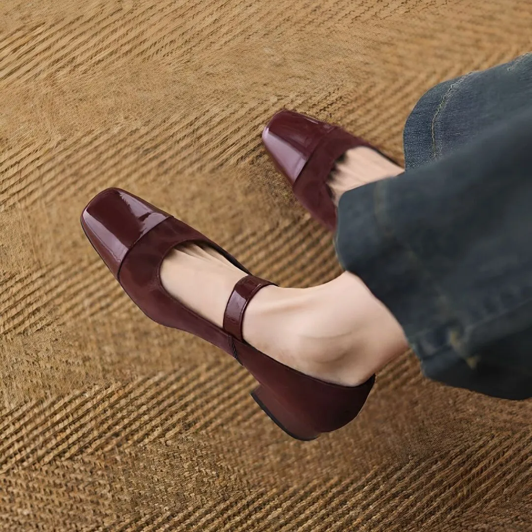 Zapatos de Tacón Bajo para Mujer, Tipo Mary Jane, Punta Cuadrada, de Cuero Patentado, con Estampado de Leopardo, Correa con Hebilla de Perlas, Zapatos Mujer