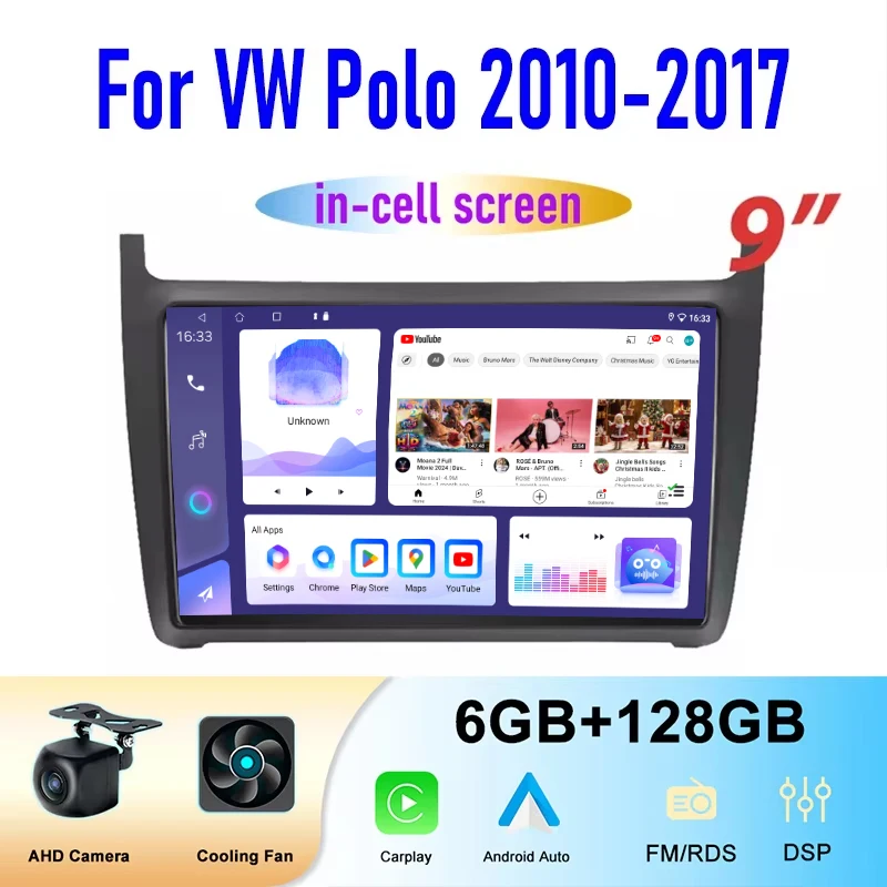 

9" Car Stereo Radio For VW Polo 2010-2017 Carplay Android 15 Auto Head Unit WIFI BT GPS Navi Reversing Image Multimedia Player