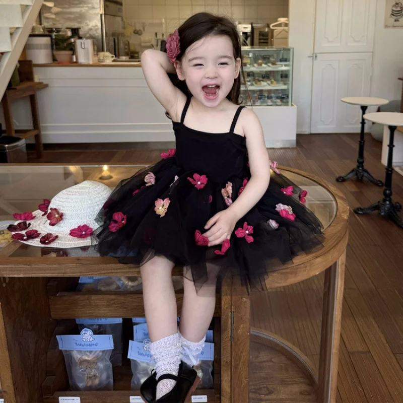 Girls Sling Tulle Dress 2026 New Summer 3D Floral Mesh Gown Princess Black Puffy Birthday Party Vestidos Kids Casual Clothing