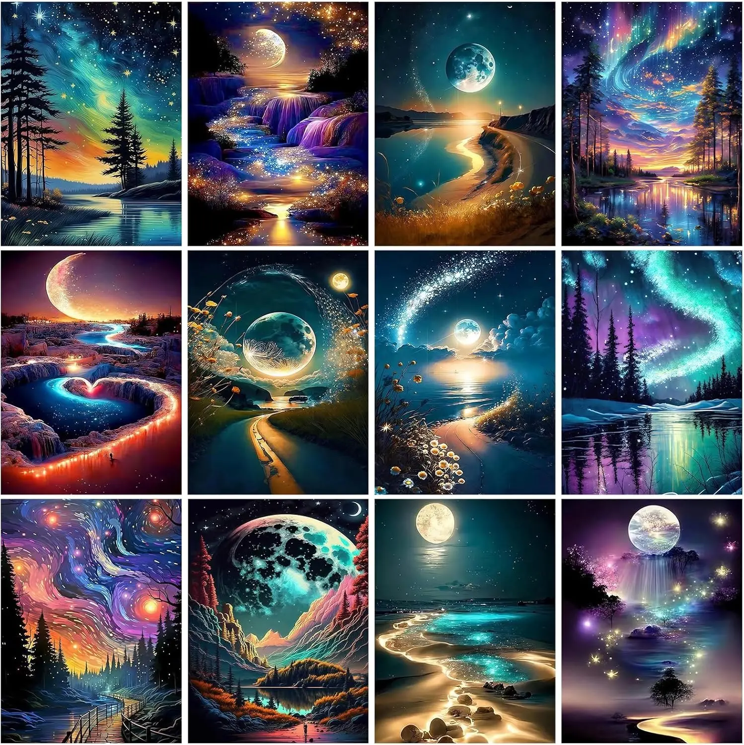 

12 pk 5D Large Advanced Diamond Art Kits for Adults Multiple Packs DIY Club Round Full Drill Diamond Painting Moon Colorful with