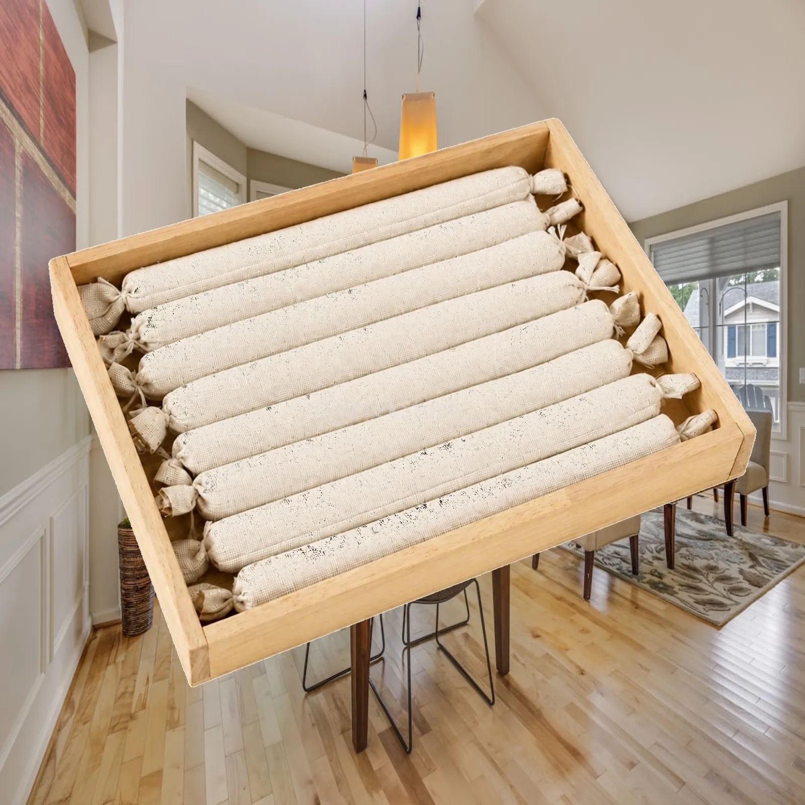 Beige Silver Wood Ring Display Tray Flocked Rods Jewelry Organizer for Store Countertop