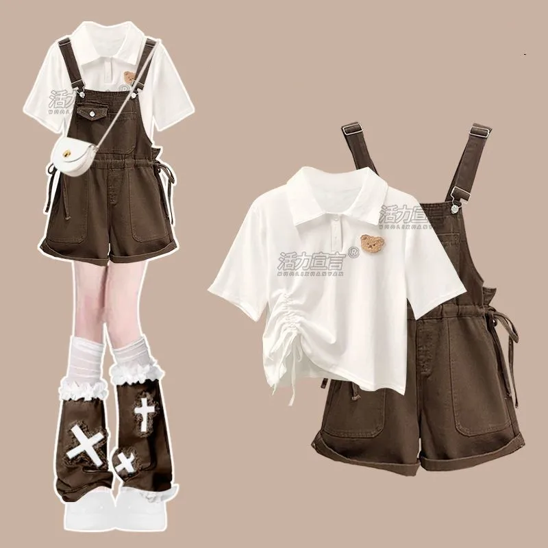 Women's Summer New Casual Short Sleeve Top+Retro Denim Strap Shorts 2-Piece Suit 2026 Korean Elegant T-shirt Pants Matching Set