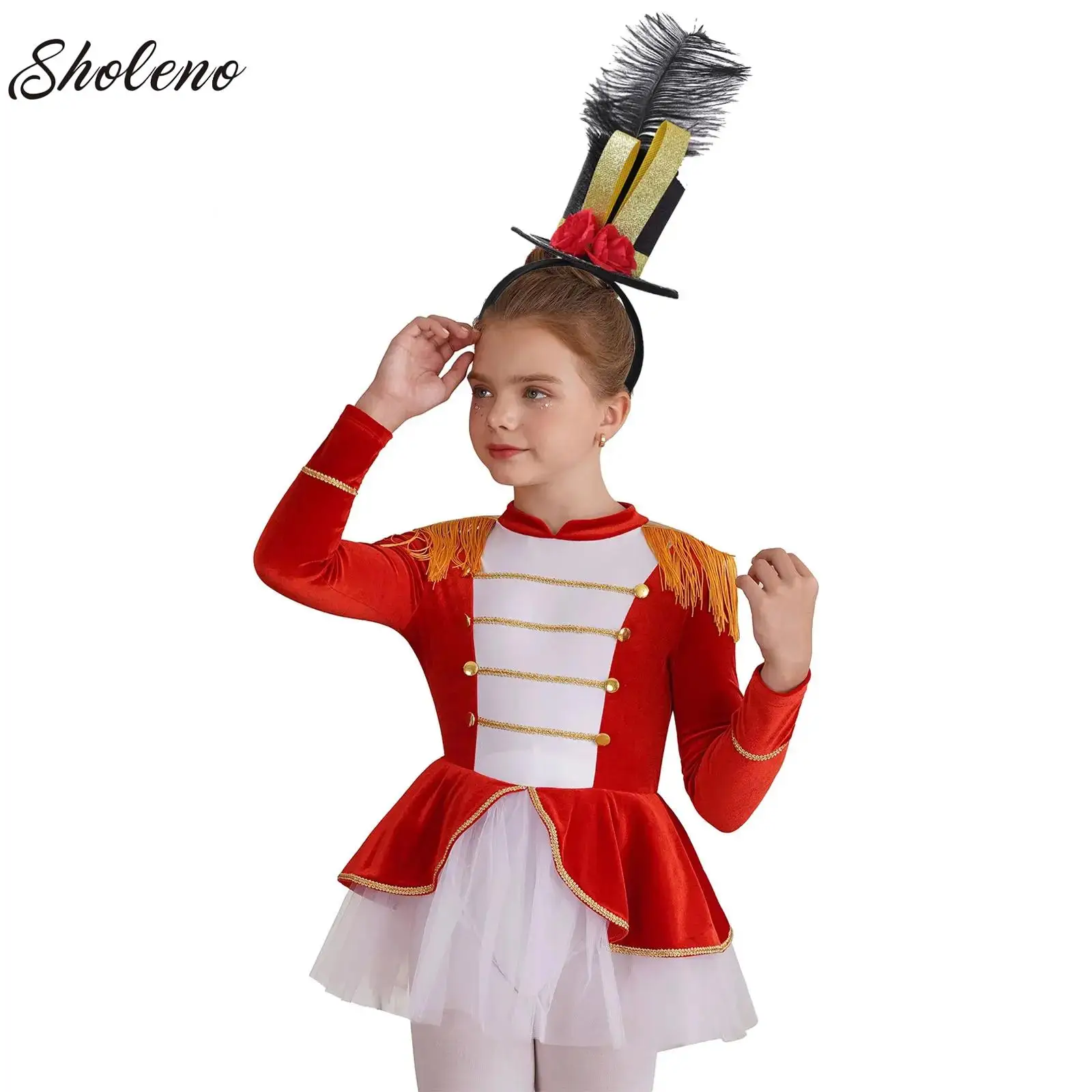 

Girls Carnival Circus Ringmaster Tutu Cosplay Dress Up Showman Party Long Sleeve Tassel Epaulet Tutu Leotard Dress Costume