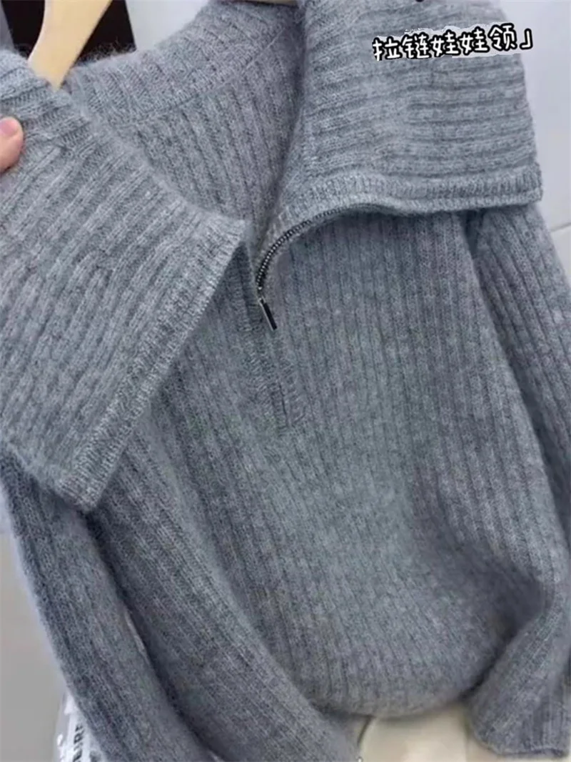 

High End And Plush Warm Big Collar Long Sleeved Sweater In Large Size Stylish And Versatile Loose Knit Base Sweater For Women