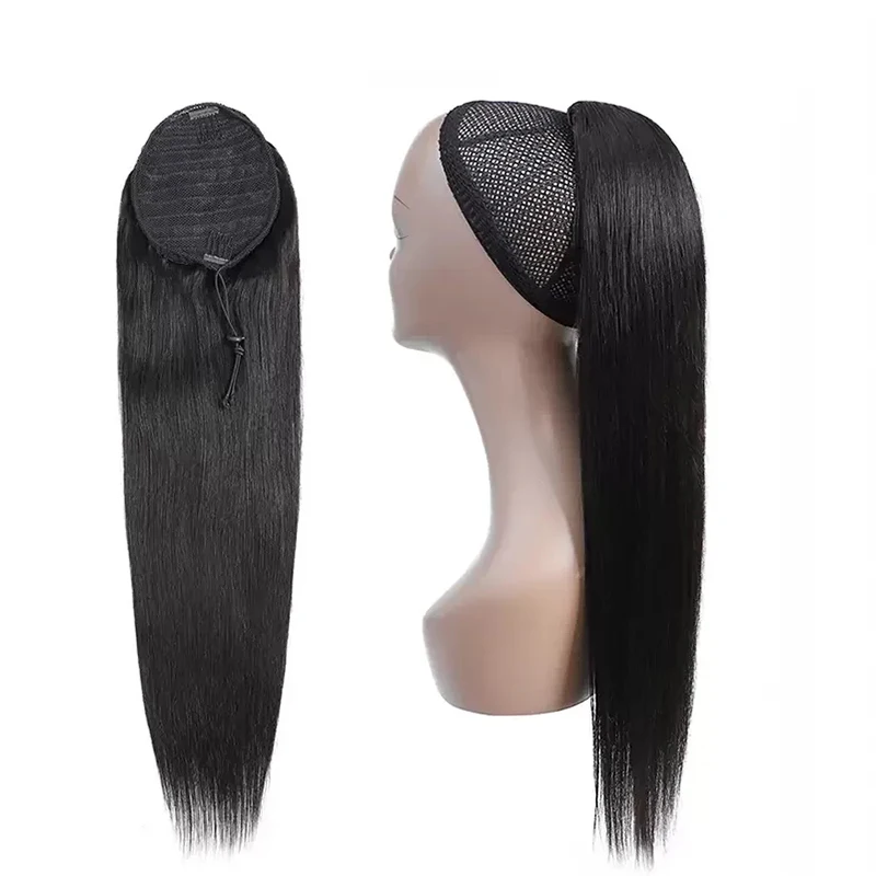 Drawstring Ponytail Remy Human Hair Natural Color Brazilian Hair Extensions #2 Dark Brown Ponytail With Clip In Full Hairpieces