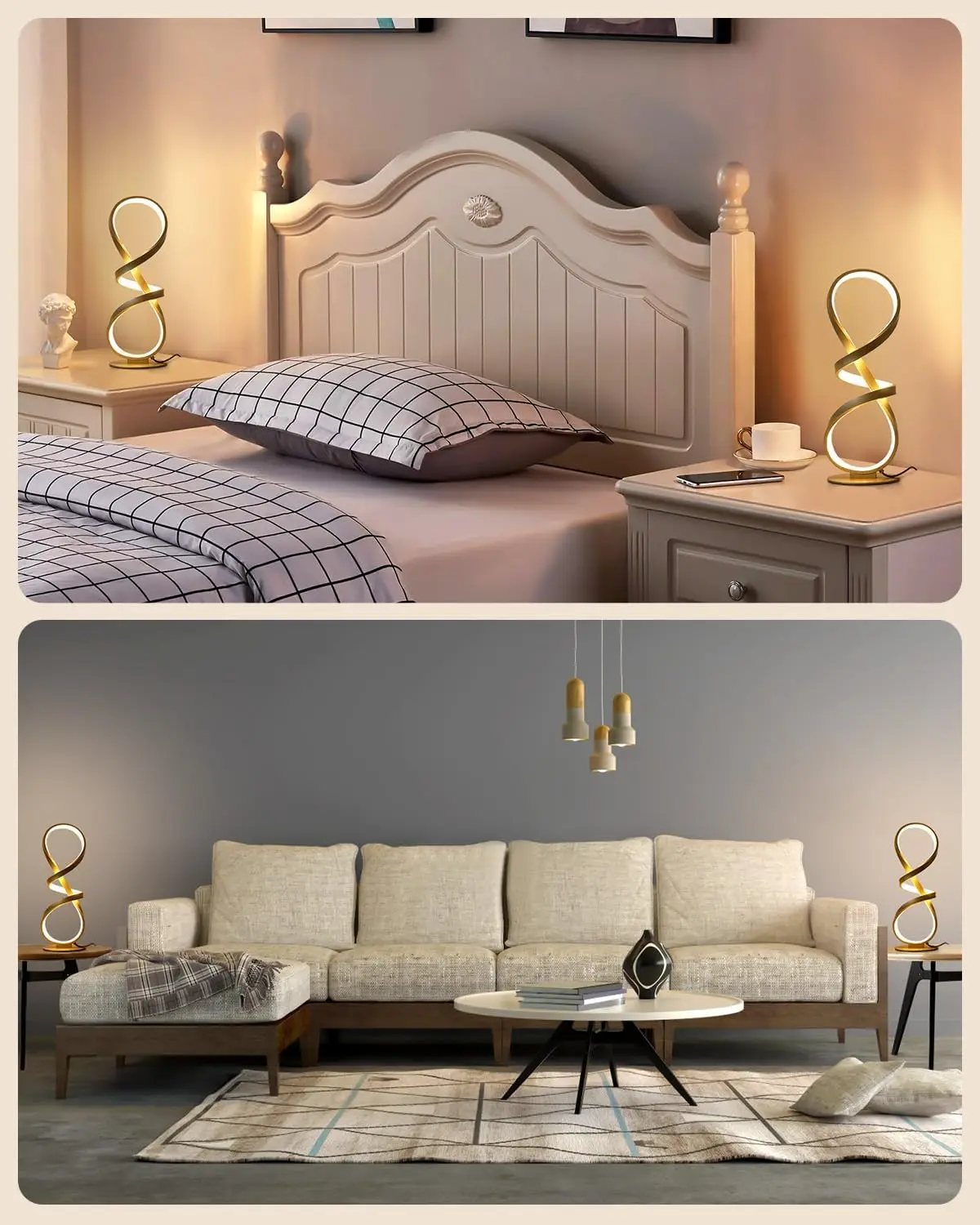 2 Pack LED Touch Dimmable Spiral Table Lamps, 3 Color Temp, Modern Gold Nightstand Lamps for Bedroom, Living Room, Ideal Gift