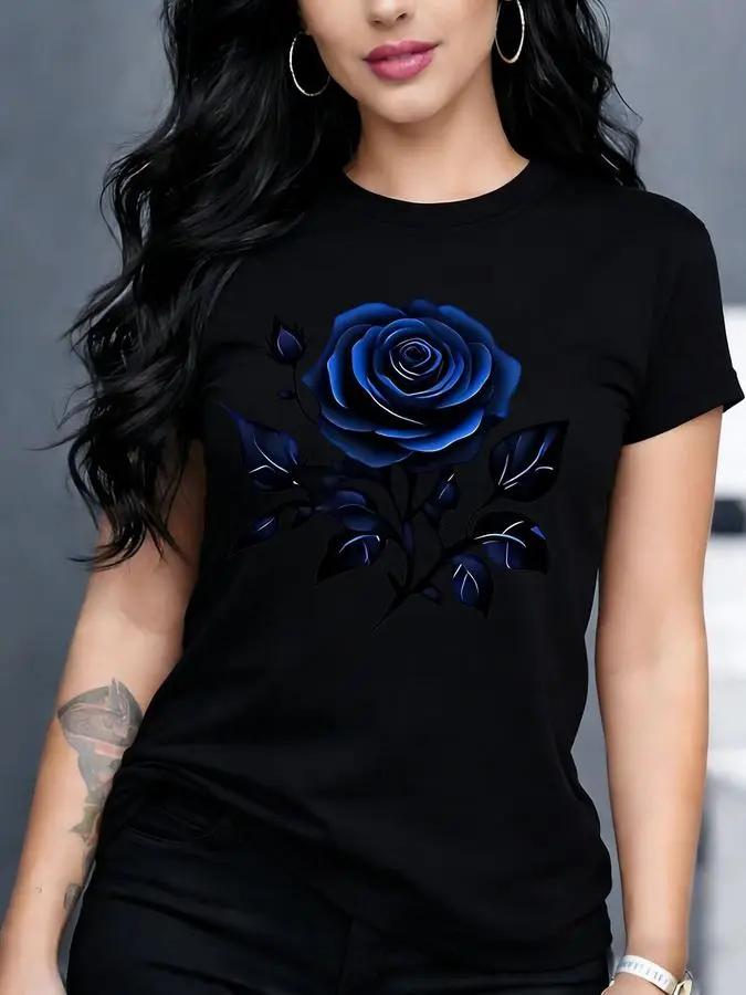 Gothic Blue Rose Print T Shirt Women Aesthetic Flower Graphic Tees Harajuku Casual Short Sleeve Black Top Female Clothing