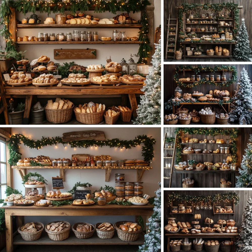 Christmas Bakery Shop Scene Photo Backdrop Festive Bread Pastry Background for Xmas Party Food Studio Photography Decor Props