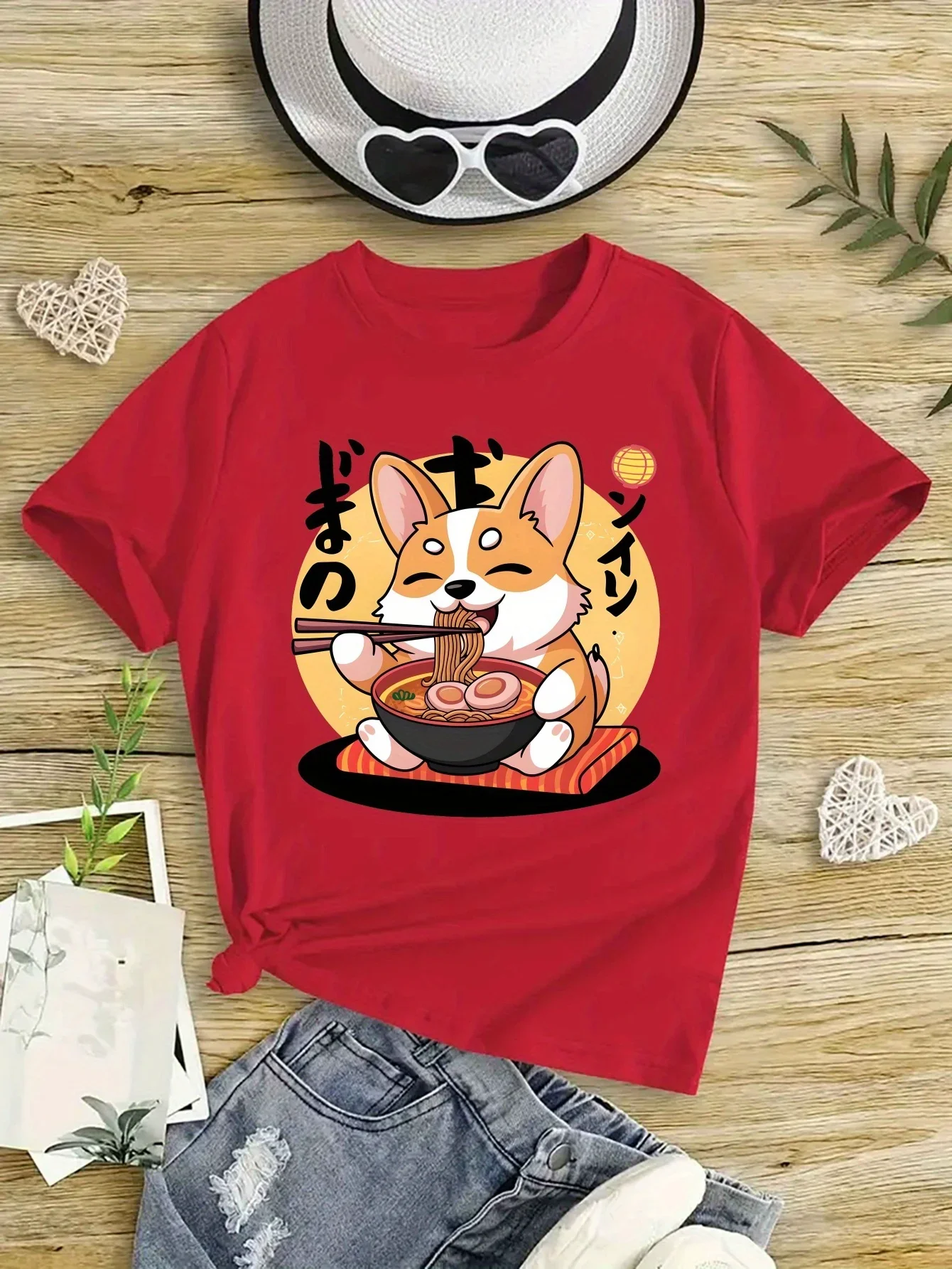 Cute Corgi Eating Ramen Noodles Japanese Style Graphic Print Kids Short Sleeve Tee Cartoon Pet Crew Neck Casual Daily Top