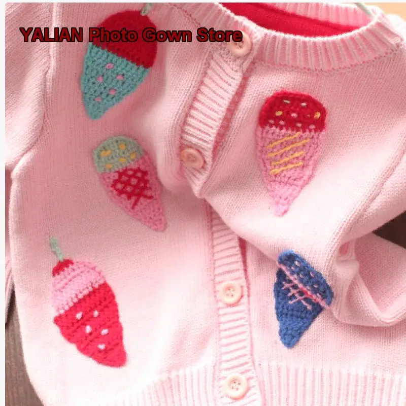Infant Girls Pure Cotton Knit Cardigan Handmade Ice Cream Design Cute Outerwear Top