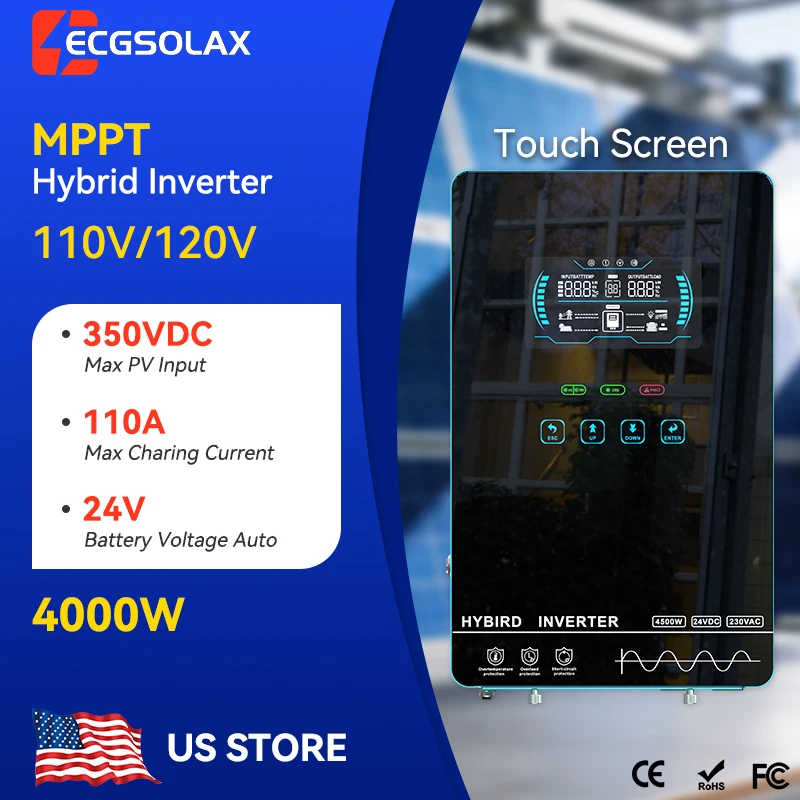ECGSOLAX 4KW Solar Hybrid Inverter 120V 110V Off Grid Solar Inverter 24V With MPPT 140A Solar Charger LCD Display Max PV 350VDC