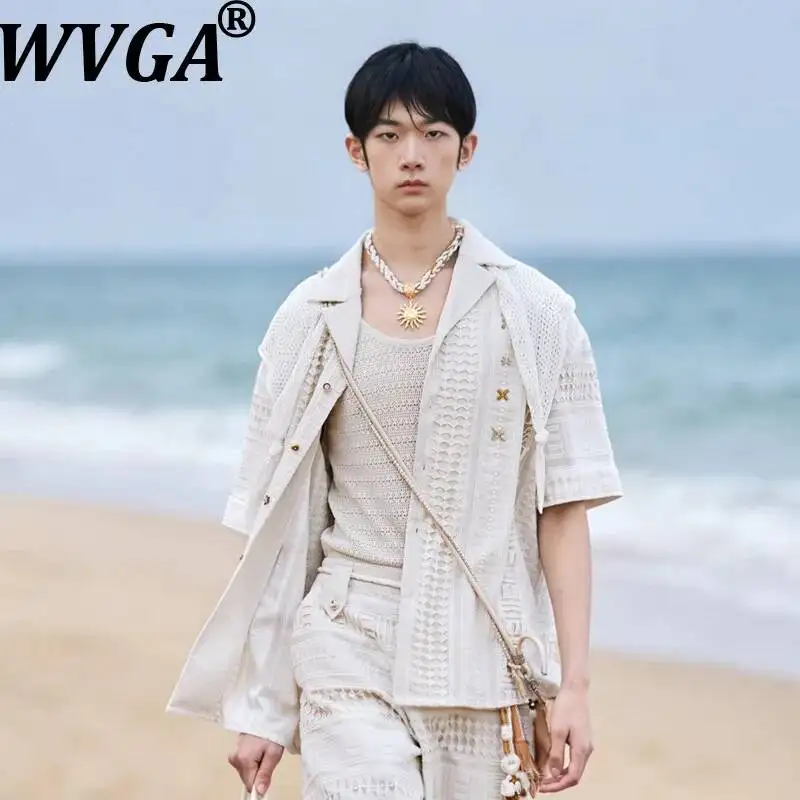 WVGA Summer New Men Vacation Style Cuban Collar Drop-Shoulder Textured Short Sleeve Shirt Original Niche Chic Casual Tops W25848