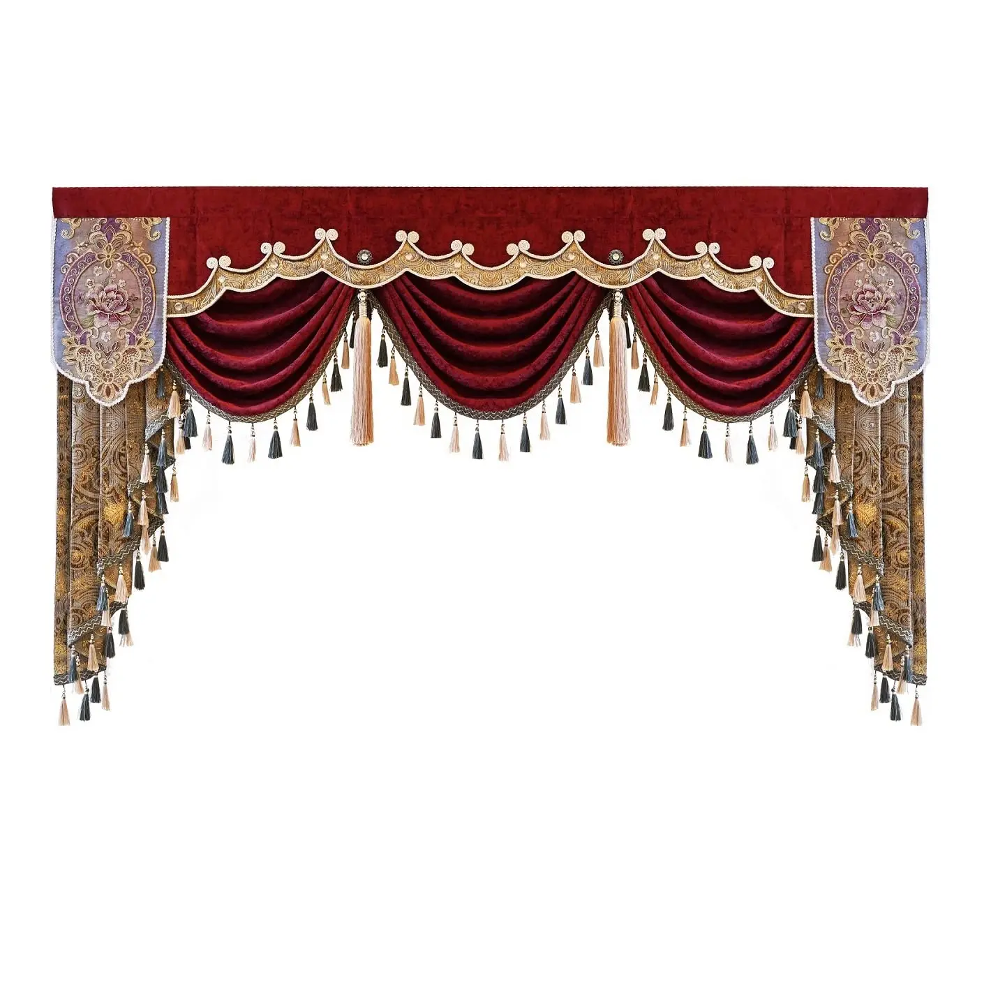 Luxury Burgundy Waterfall Valance Curtain, Floral Embroidered Swag Valance