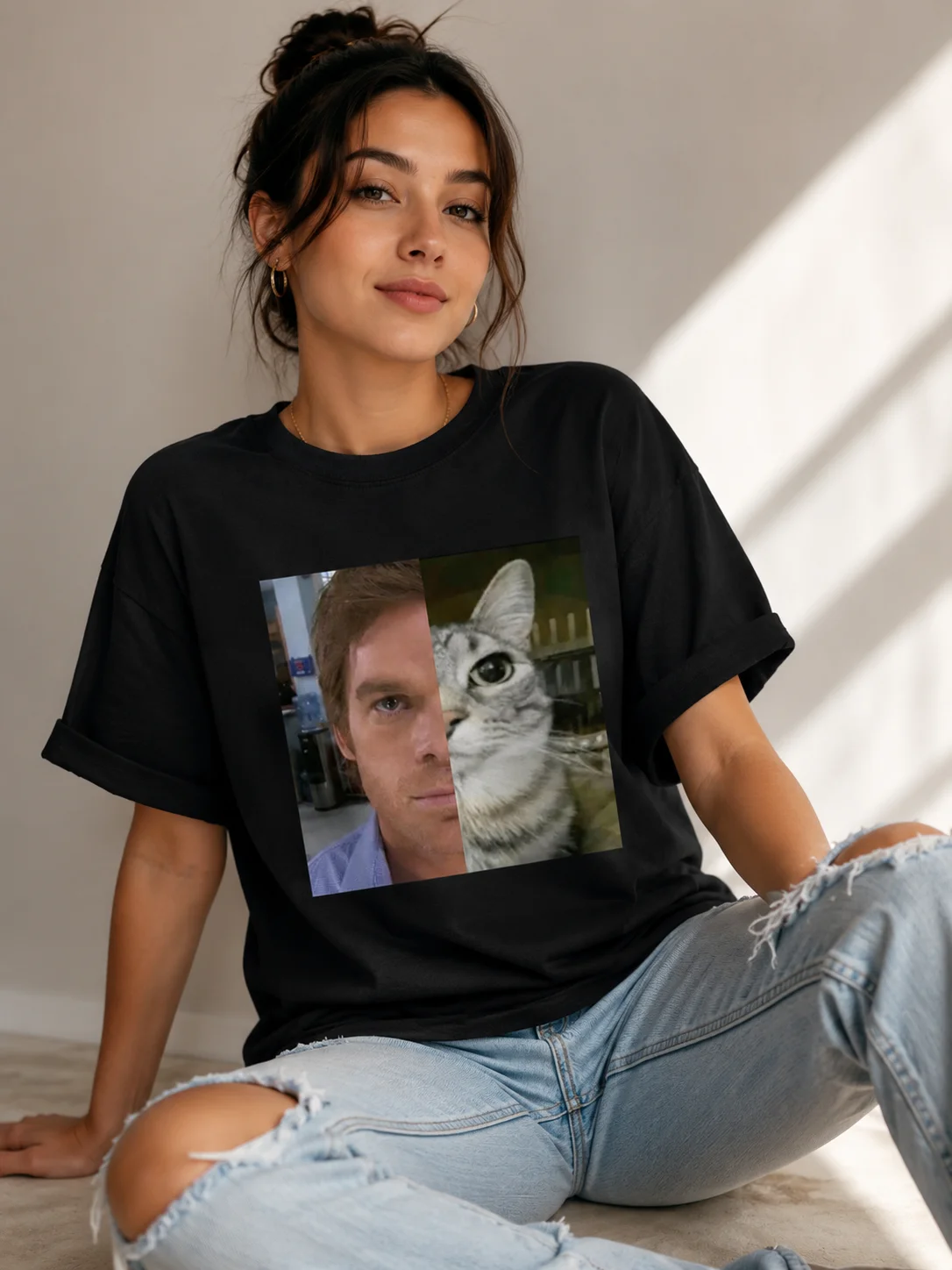 Camiseta Dexter Morgan Cat, camiseta divertida de algodón de manga corta con cuello redondo, ropa de calle Neutral, camiseta con estampado Harajuku para mujer