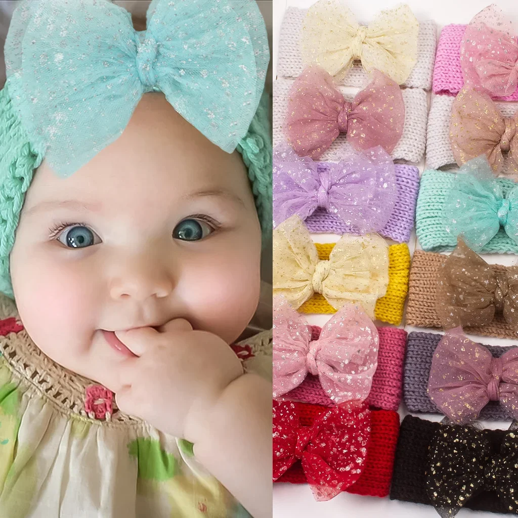 New Warm Baby Knitted Hair Accessories Children's Wide-brimmed Mesh Bow Hairband In Autumn and Winter