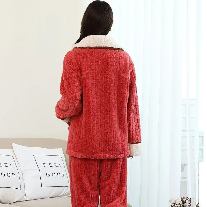 2023 New Women Winter Plush Thick Sleepwear Coral Velvet Pajamas Homewear Middle-aged Warm Loungewear Set Loose V-neck Nightwear