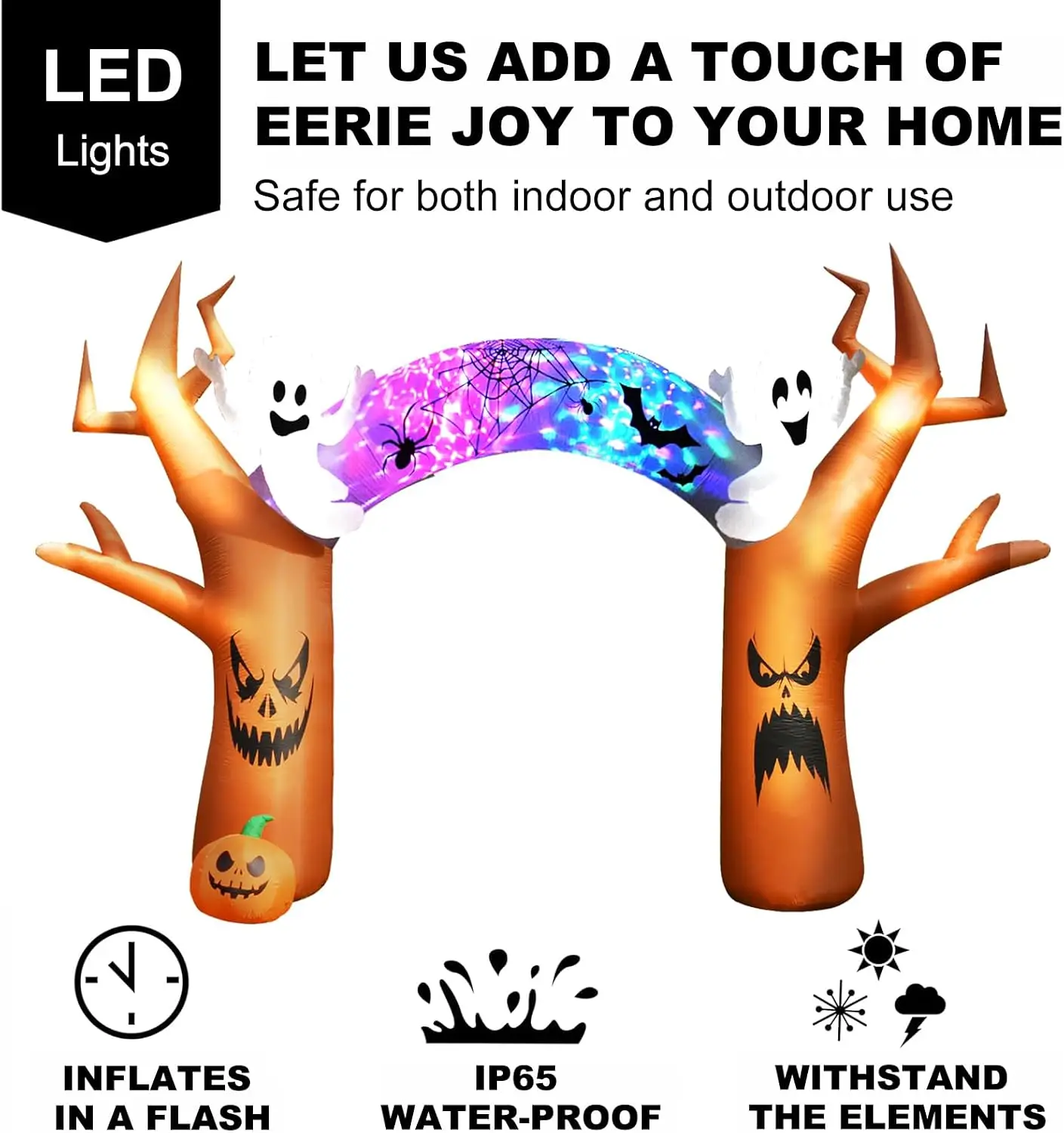 Spooky 17-Foot Giant Inflatable Halloween Tree Archway for Outdoor Yard Decor | Blow-Up Arch with Ghost, Pumpkin, and Spider Motifs Plus Multicolor Projection LED Lights for Walkway and Front Lawn