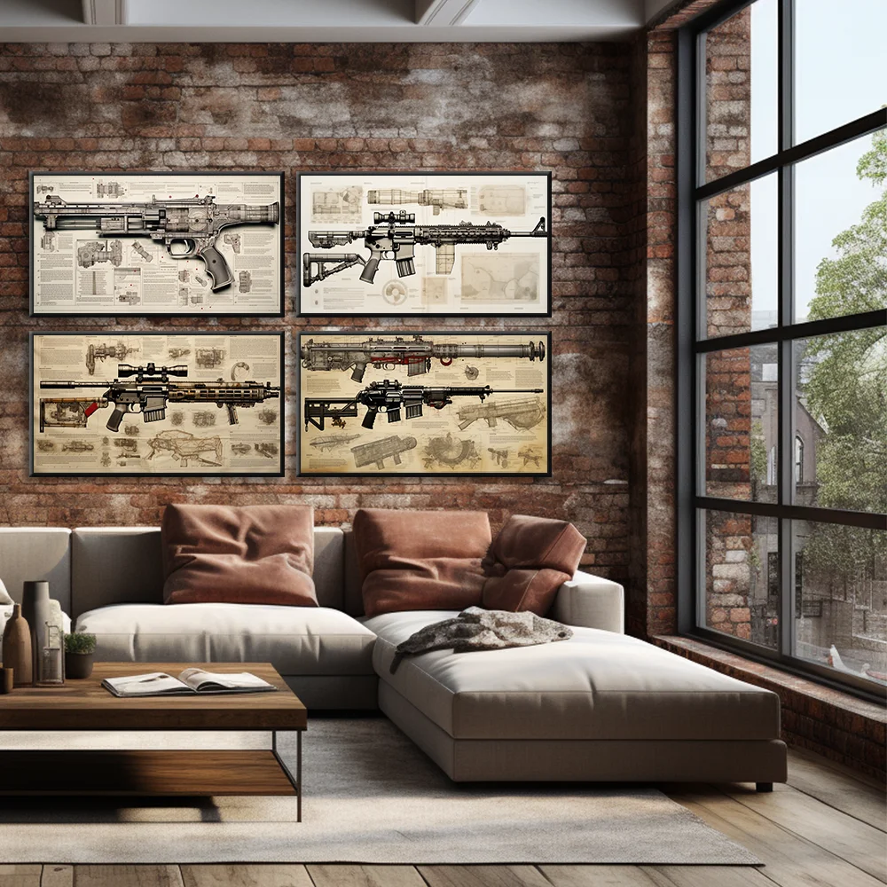 

Gun newspaper kraft paper pistol rifle sniper rifle still life sketch grey poster Living room study bar wall decoration painting