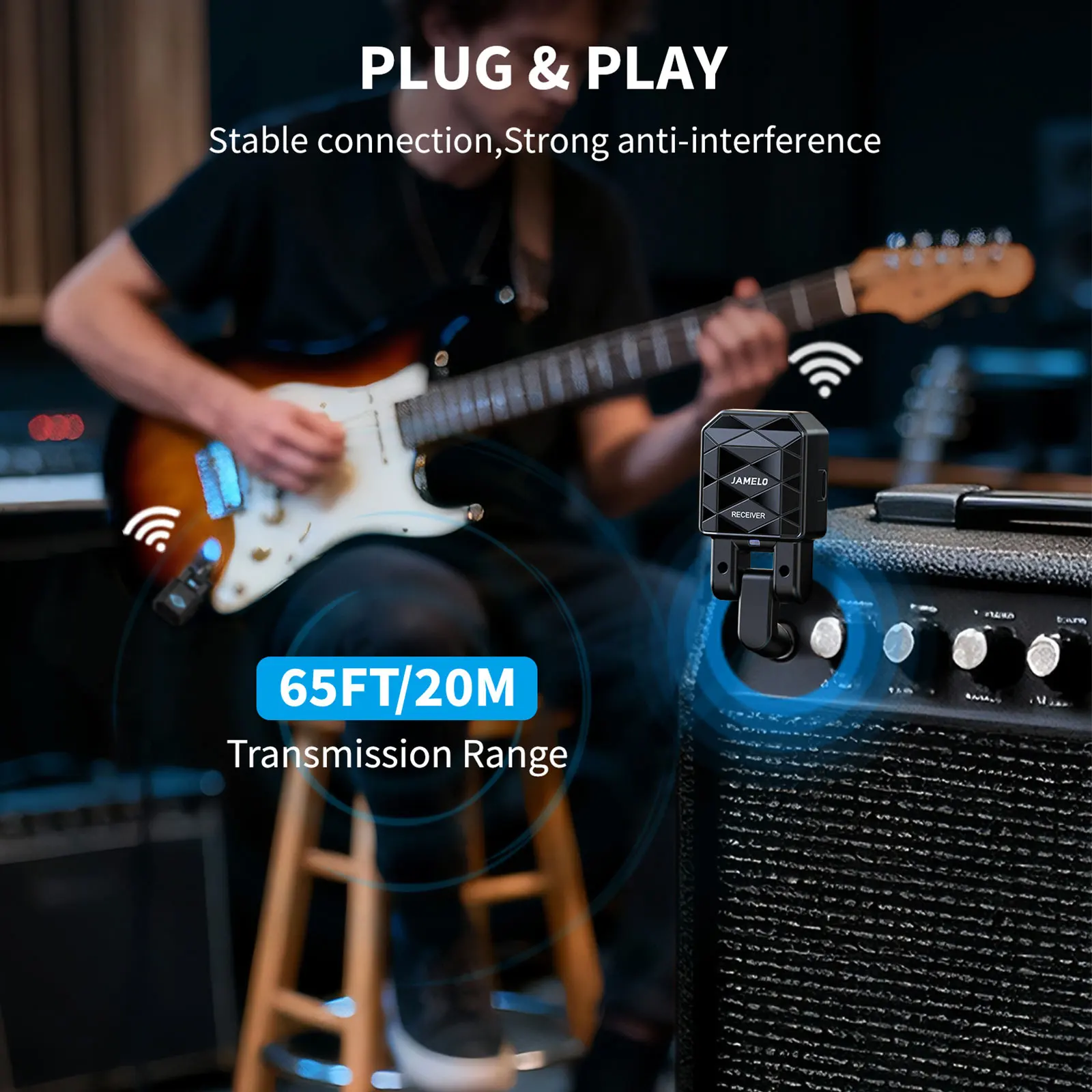 Jamelo Wireless Guitar System Ws-200 Rechargeable Digital Wireless Guitar Transmitter Receiver with 4 Channels Guitar Bass Jack view 3