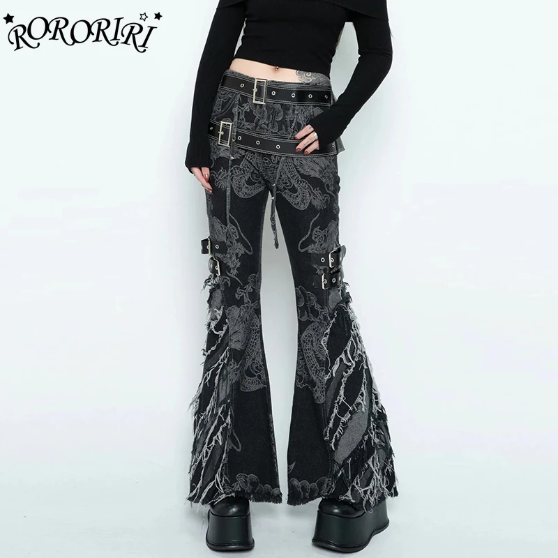 

RORORIRI Y2k Punk Belts Dragon Pattern Women Flare Jeans Low Waist Spliced Tassels Ripped Bootcut Pants Grunge Retro Streetwear