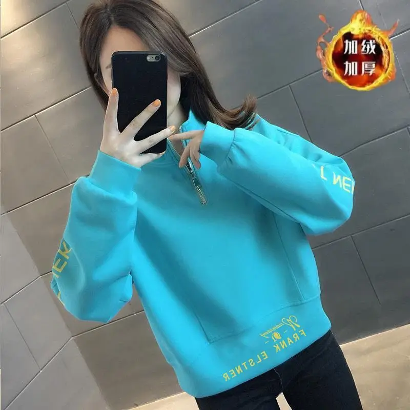 

2026 Autumn Winter Women's New High-necked Sweater Coat Short Female Small Korean Jacket Plus Velvet Lady Zipper Loose Overwear