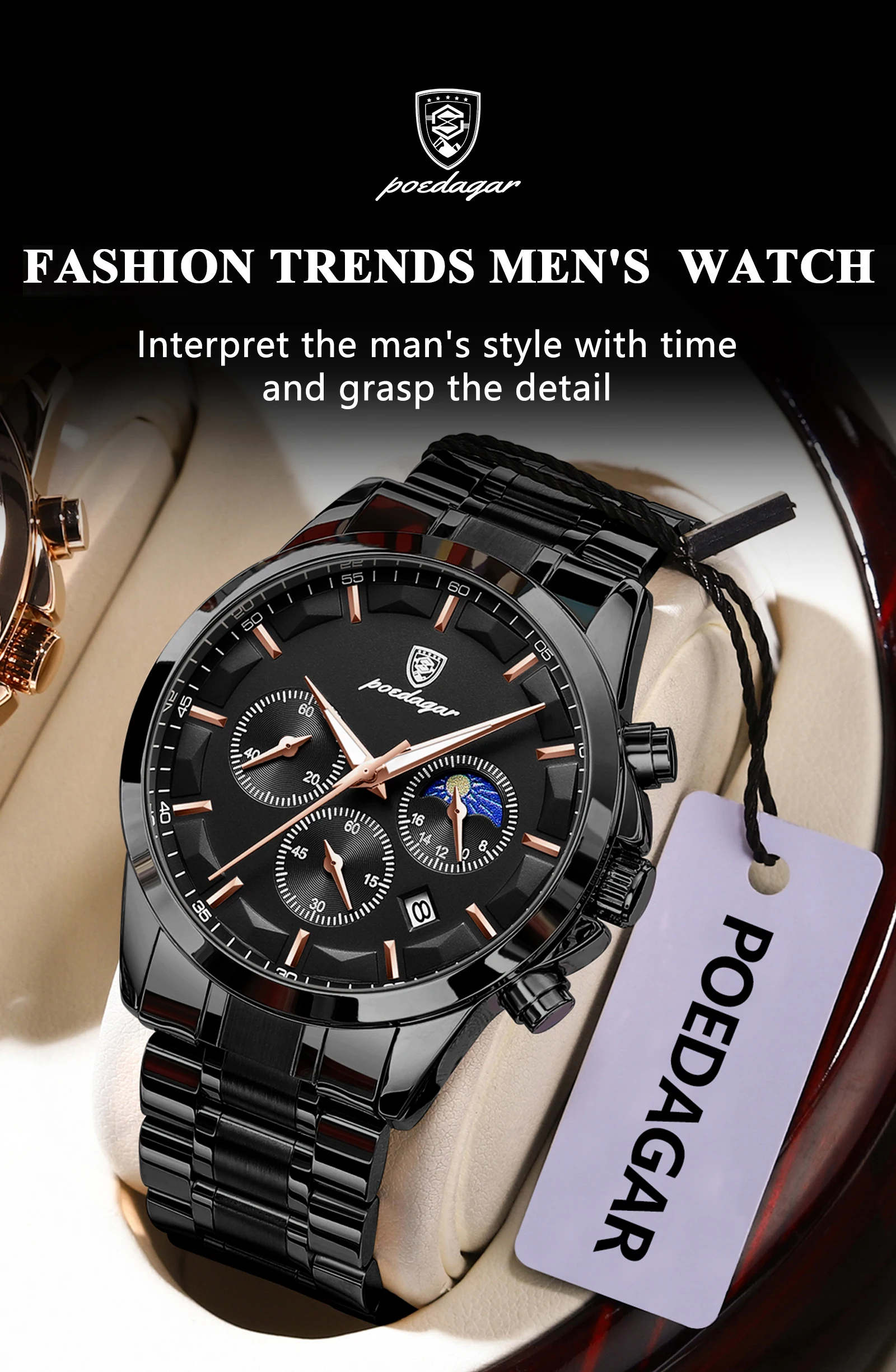 POEDAGAR Top Mode herren Uhren Wasserdicht Leuchtende Edelstahl Männer Armbanduhr Chronograph Datum Quarz Business Mann Uhr – Detail 12
