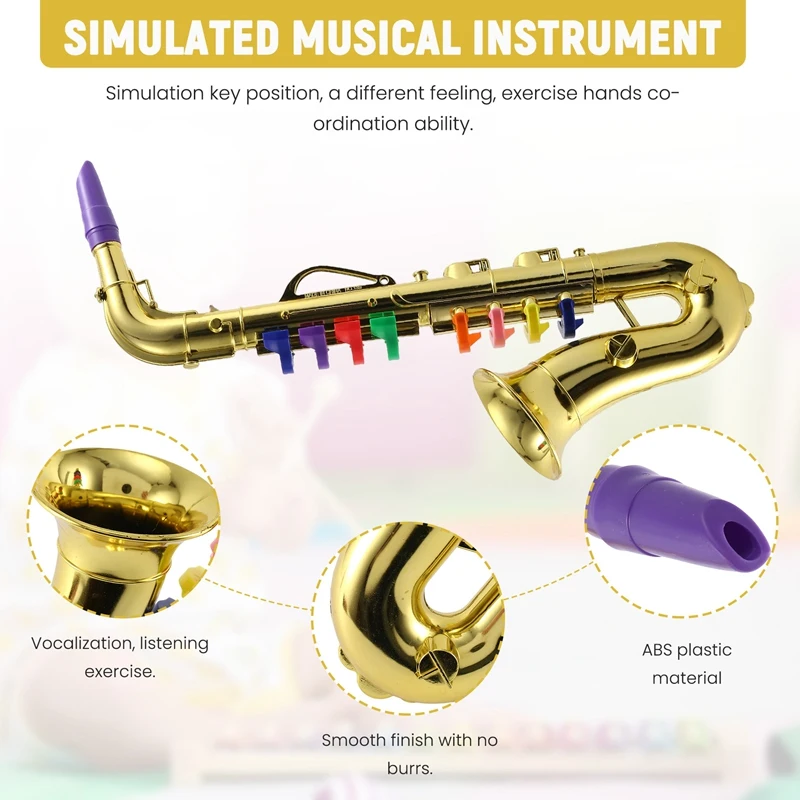 แซ็กโซโฟน 8 ปุ่มสีโลหะจําลอง Props เล่นมินิดนตรี Wind Instruments สําหรับของเล่นวันเกิดเด็ก